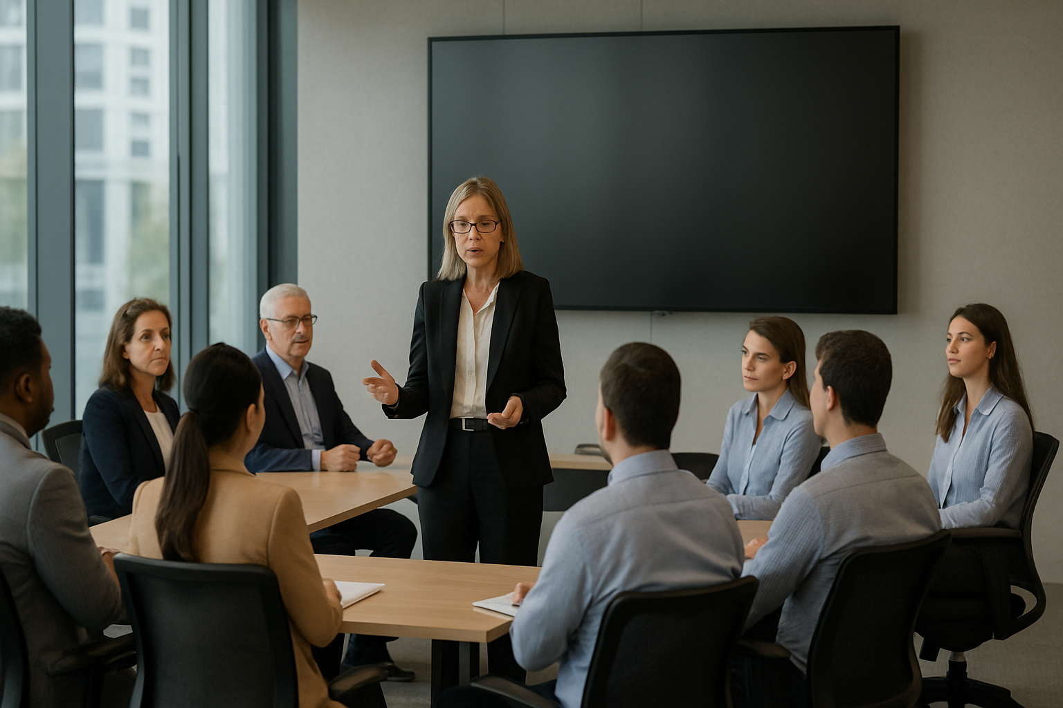 An image representing a respectful conversation between a manager and an employee in a modern office.
