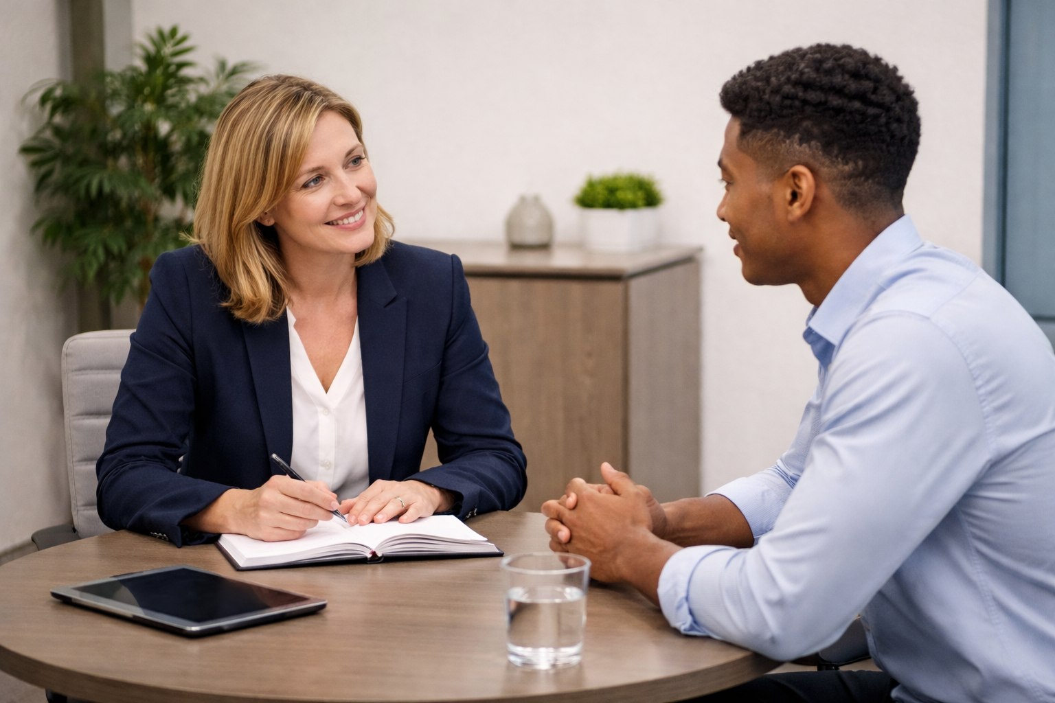 A team discussing psychosocial hazards around a table in a modern office.