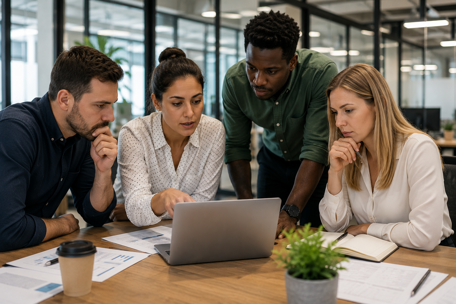 A professional team discussing tailored compliance strategies in a modern office.