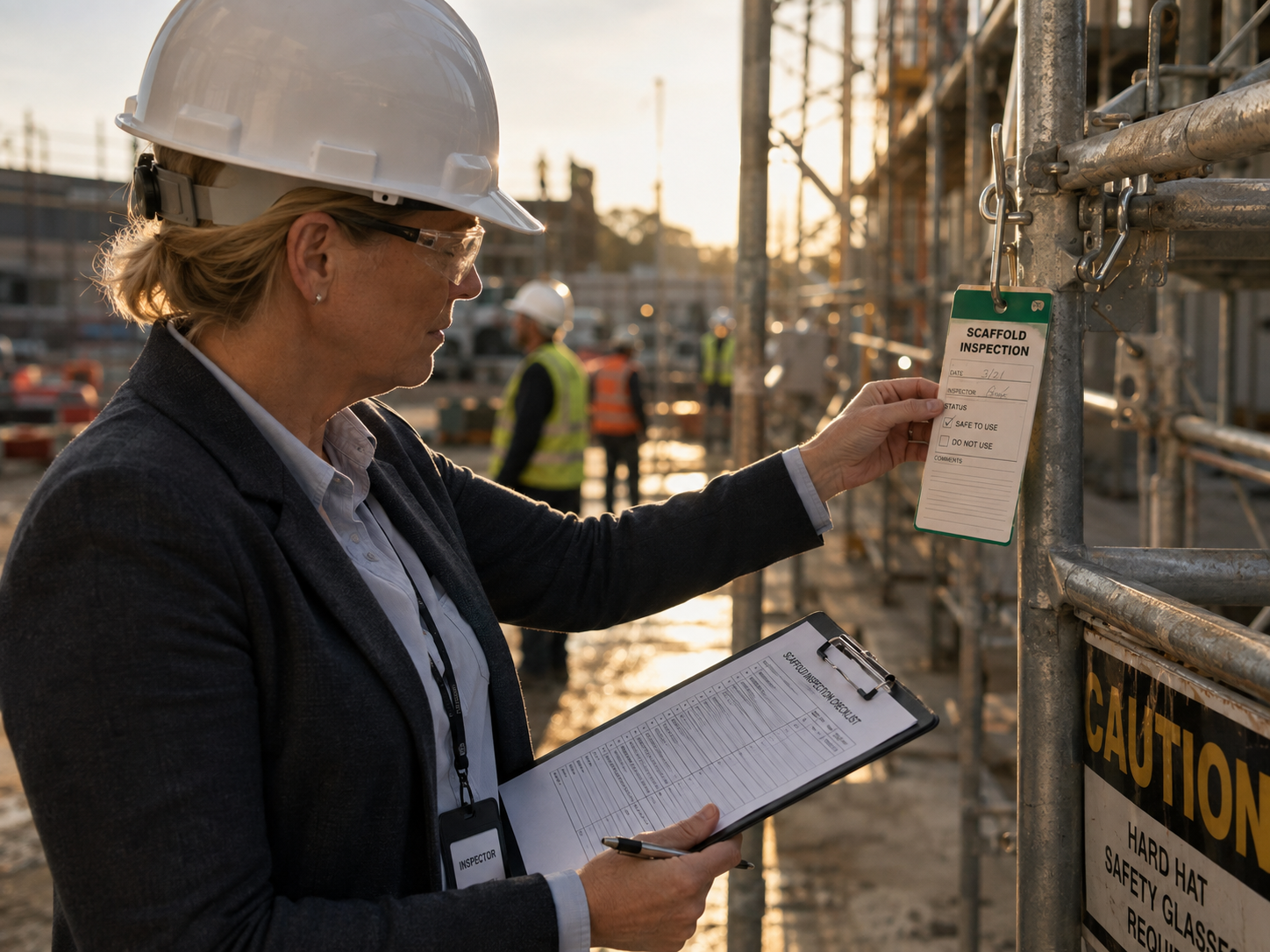 Safety inspector reviewing scaffolding compliance documents on an Australian construction site